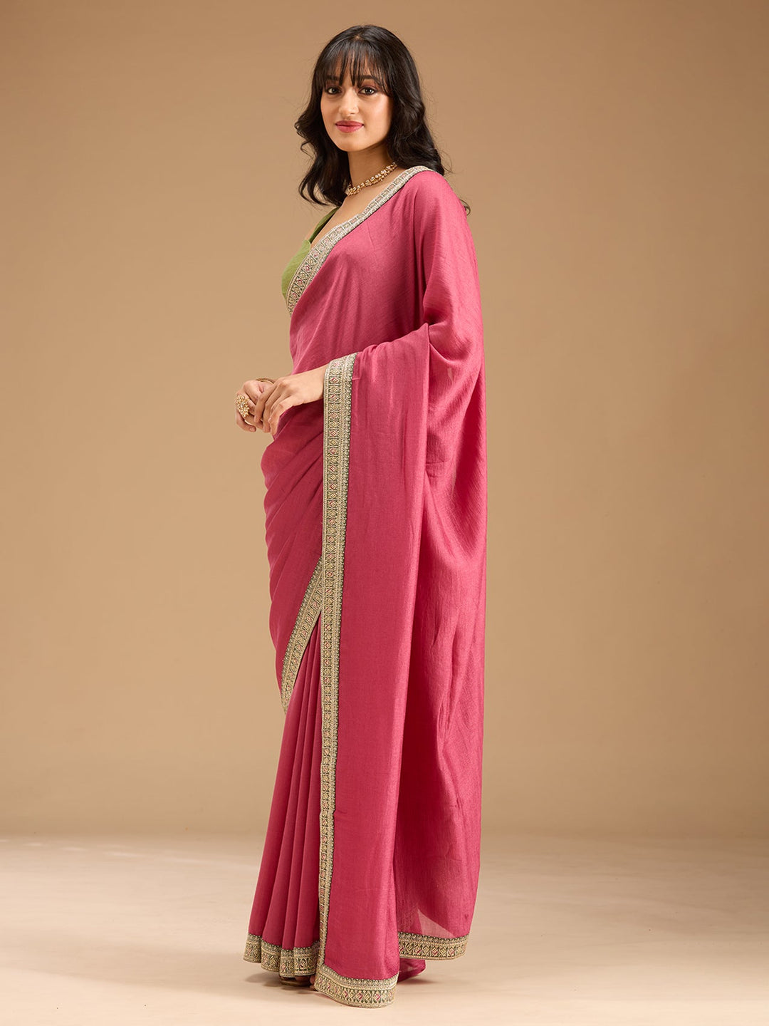 Onion Pink Zariwork (Gold) Soft Raw Silk Saree-Koskii