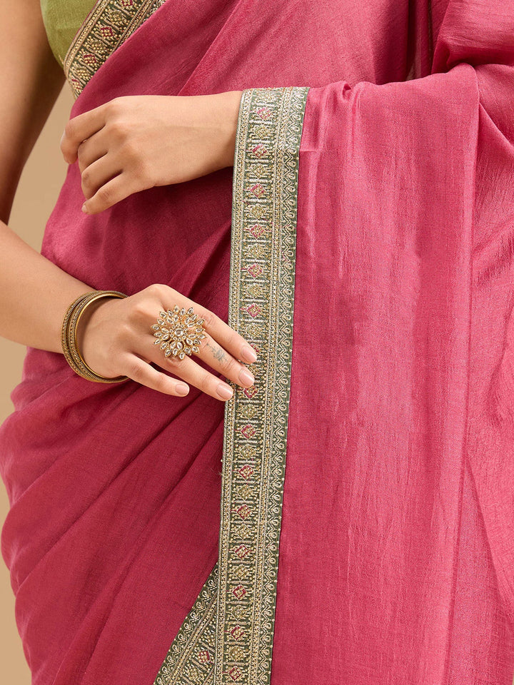 Onion Pink Zariwork (Gold) Soft Raw Silk Saree-Koskii