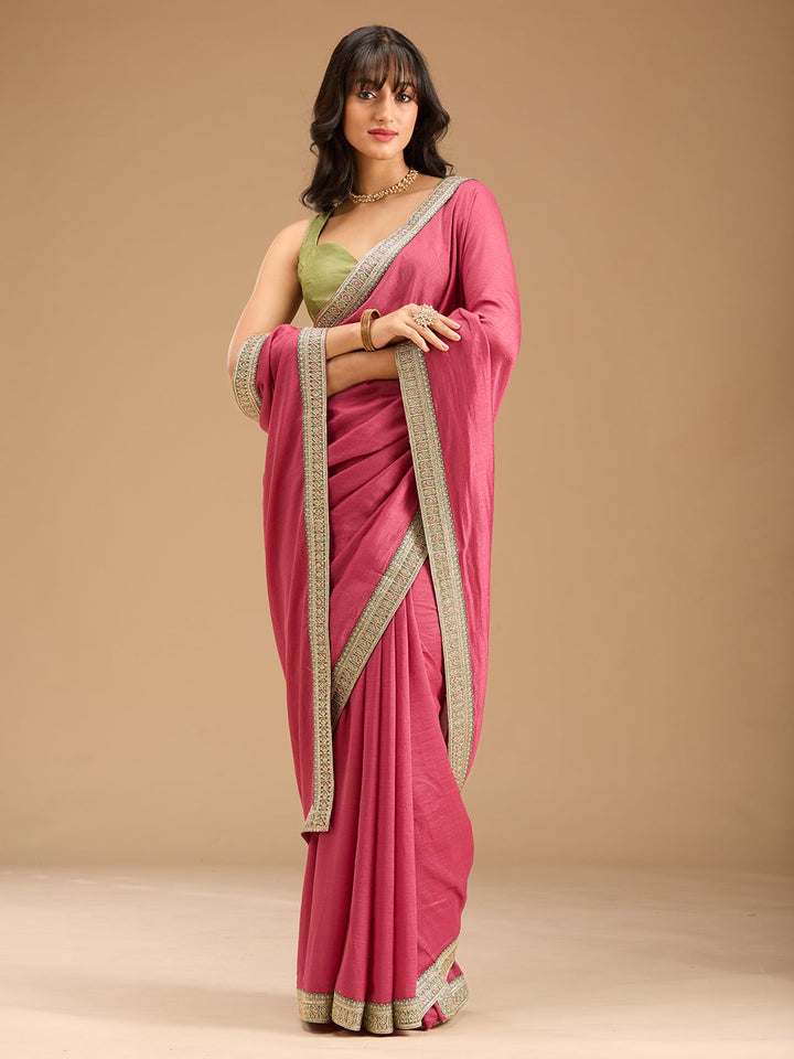 Onion Pink Zariwork (Gold) Soft Raw Silk Saree-Koskii