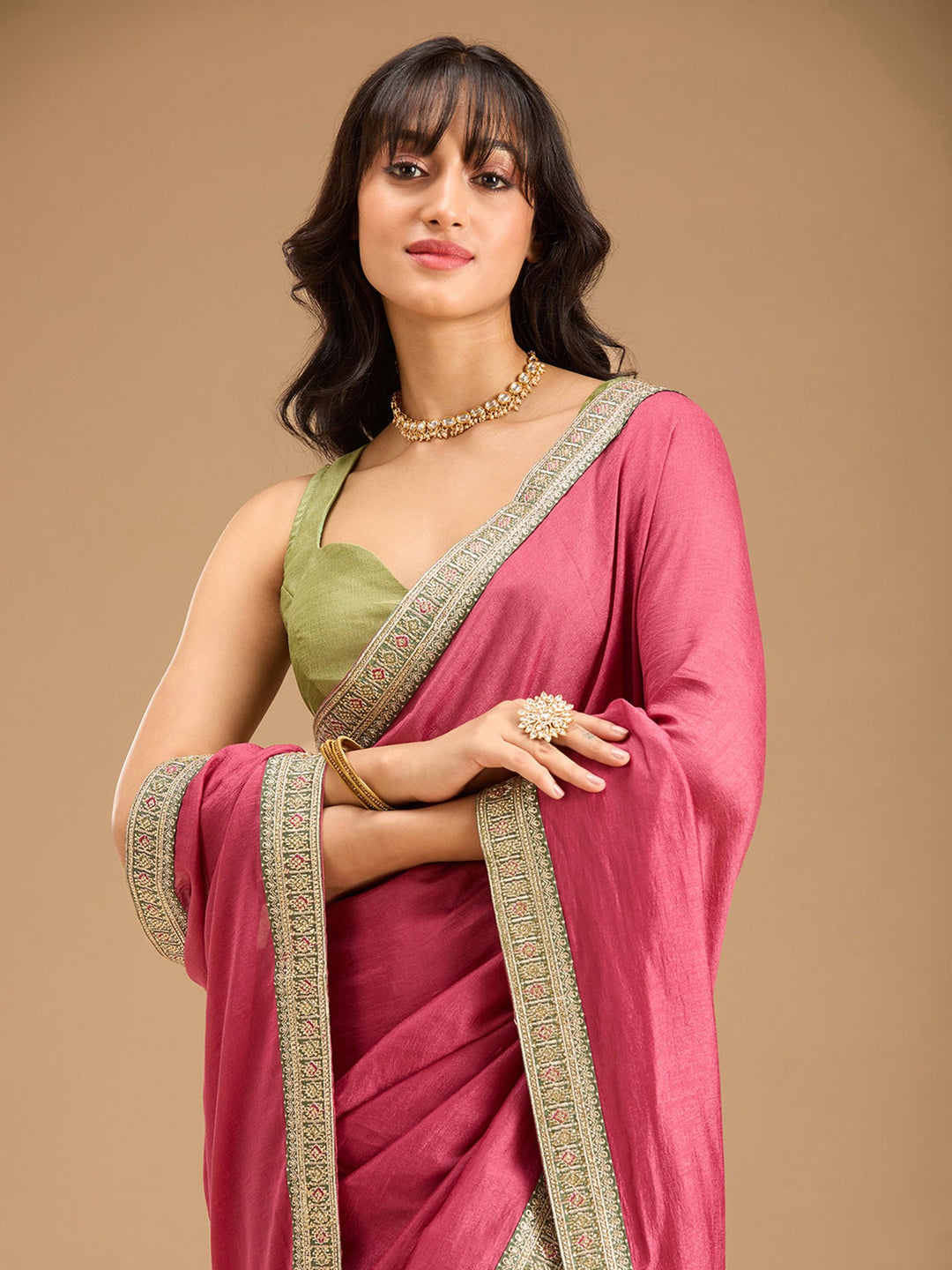 Onion Pink Zariwork (Gold) Soft Raw Silk Saree-Koskii