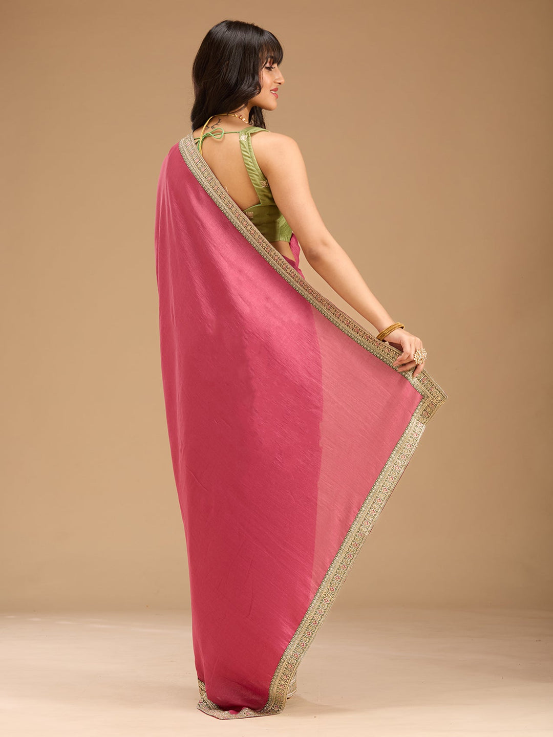 Onion Pink Zariwork (Gold) Soft Raw Silk Saree-Koskii