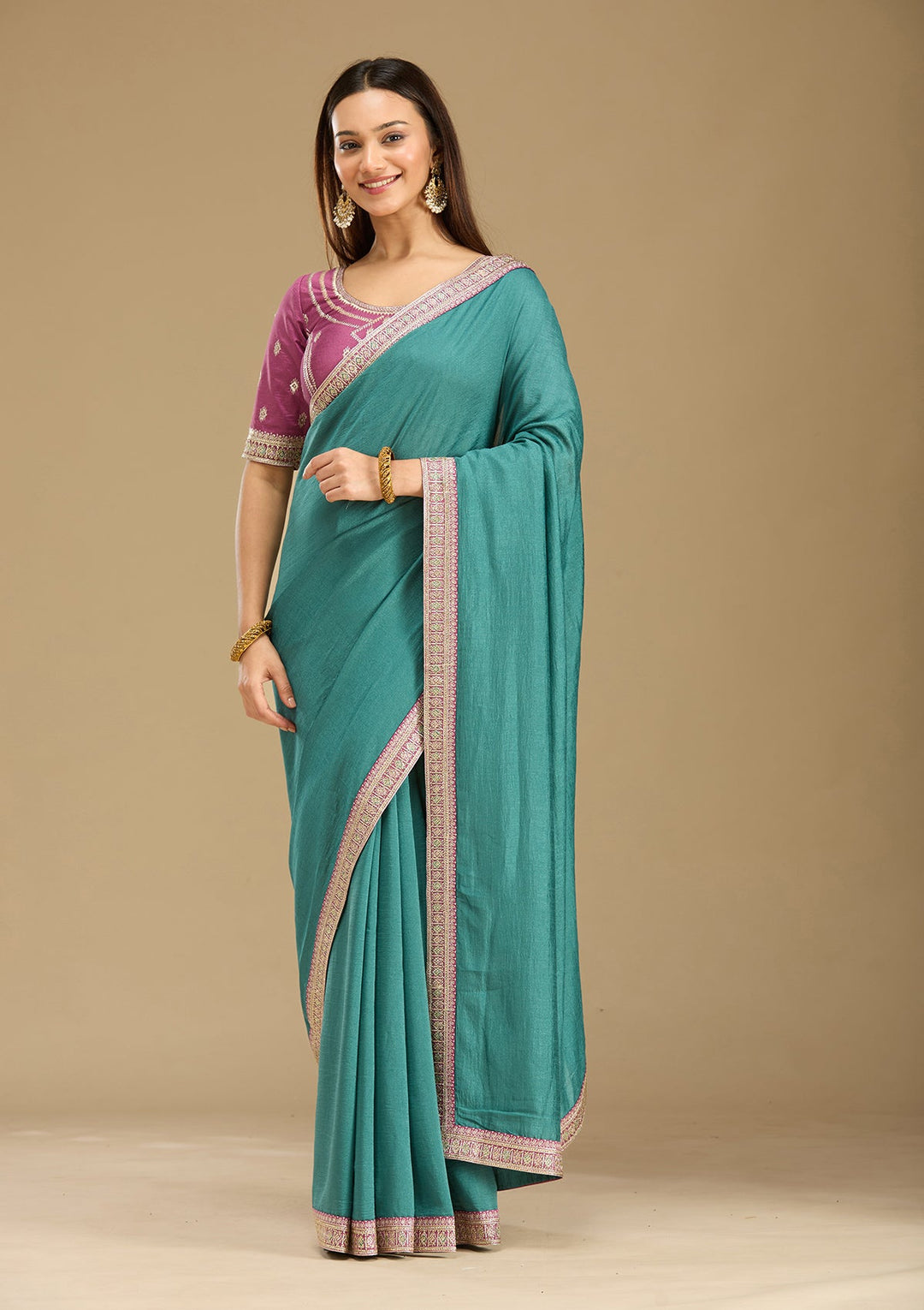 Sea Green Zariwork (Gold) Soft Raw Silk Saree-Koskii