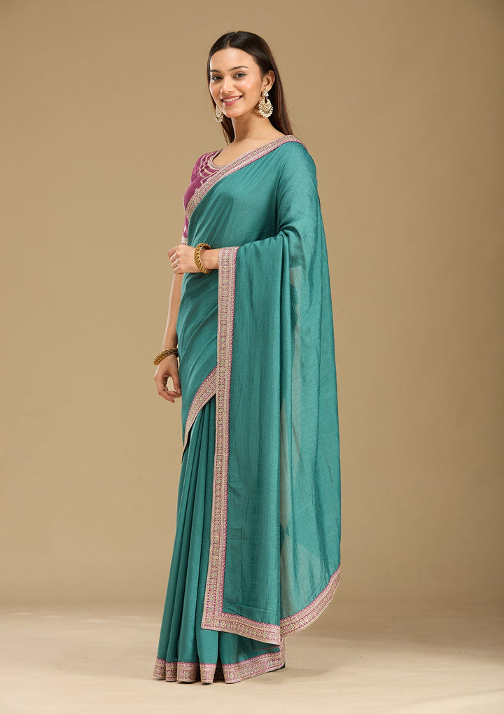 Sea Green Zariwork (Gold) Soft Raw Silk Saree-Koskii