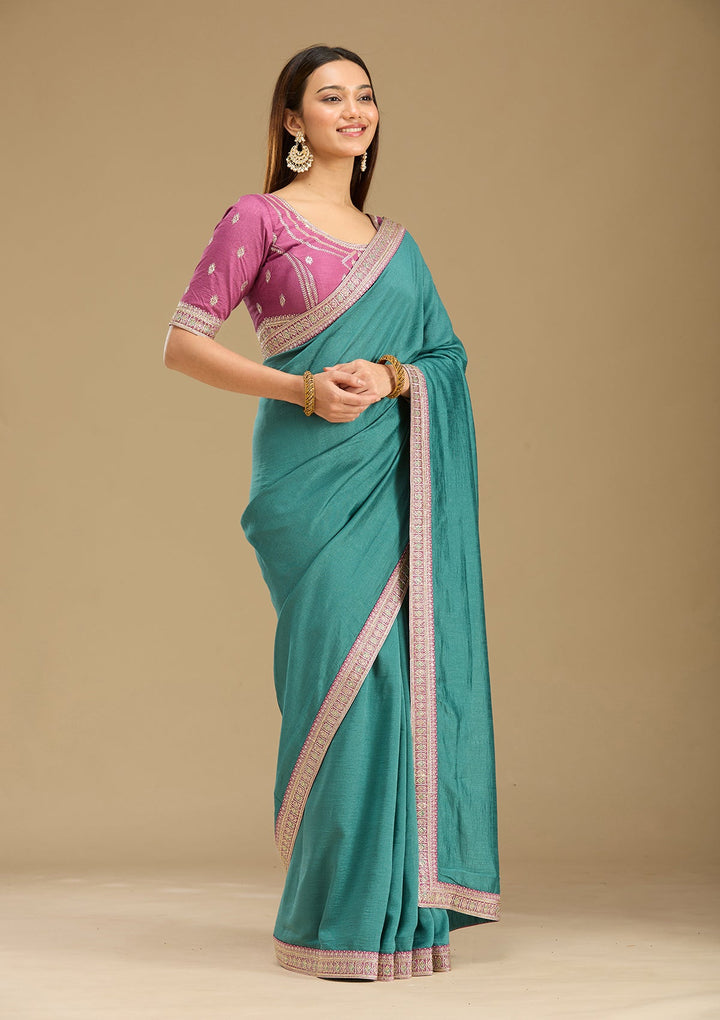 Sea Green Zariwork (Gold) Soft Raw Silk Saree-Koskii