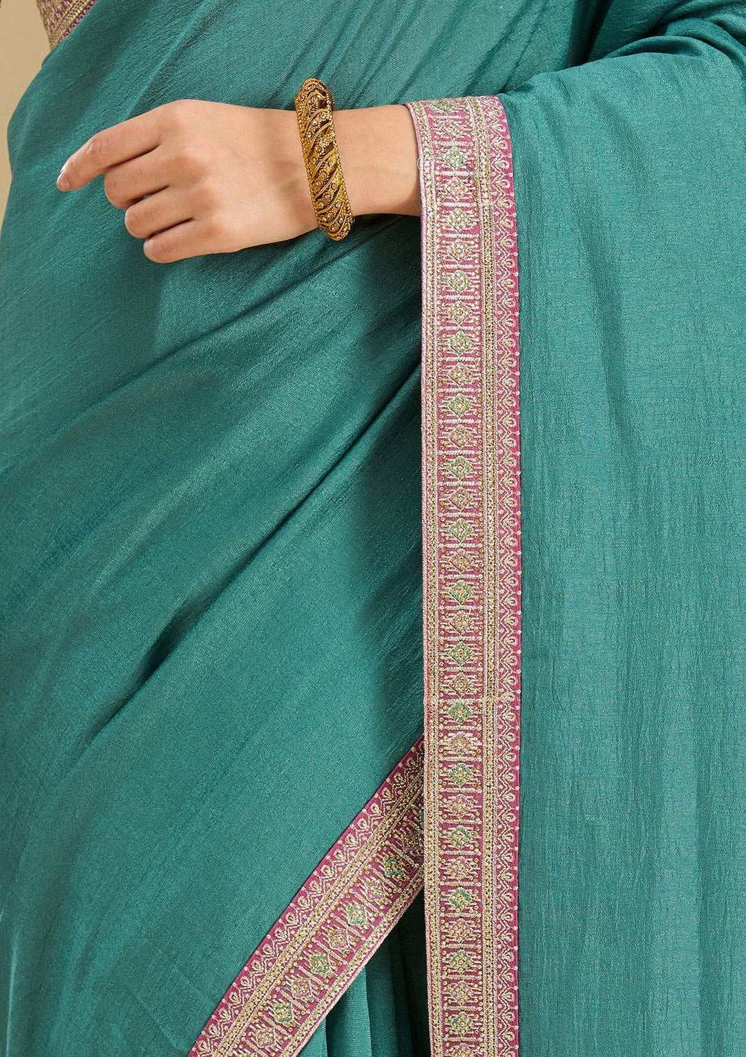Sea Green Zariwork (Gold) Soft Raw Silk Saree-Koskii