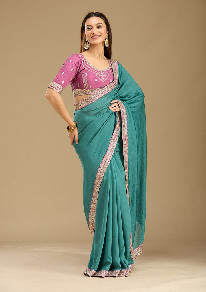 Sea Green Zariwork (Gold) Soft Raw Silk Saree-Koskii