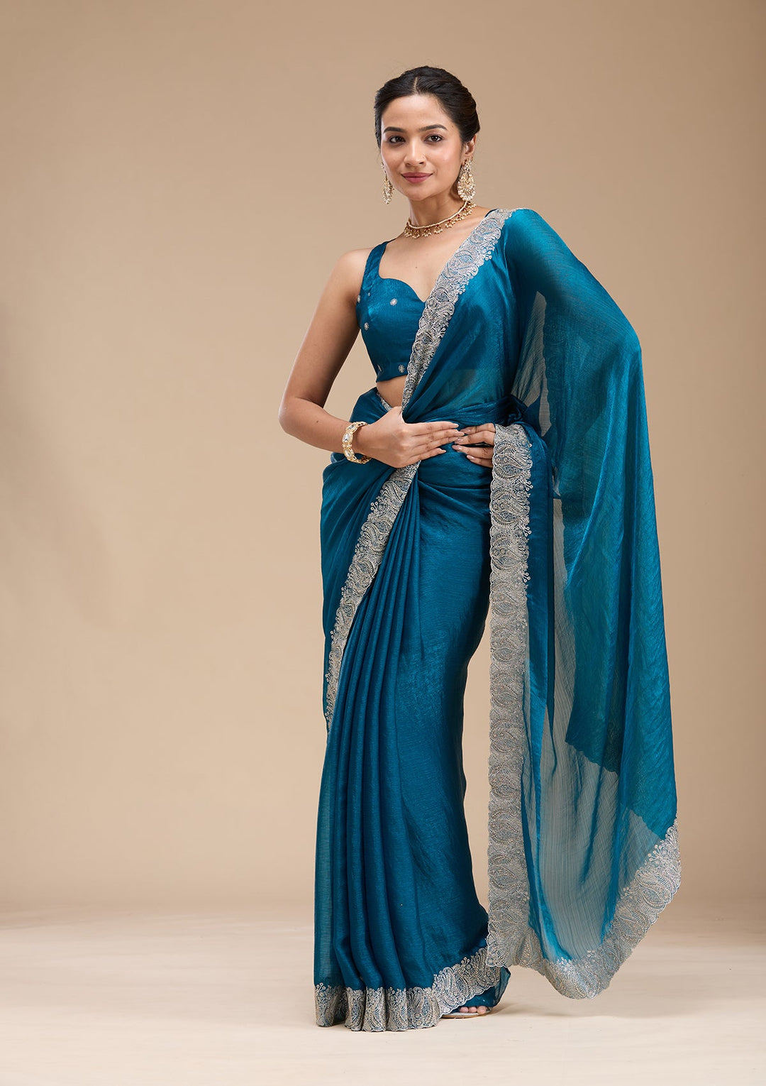 Peacock Blue Zariwork Silk Saree-koskii