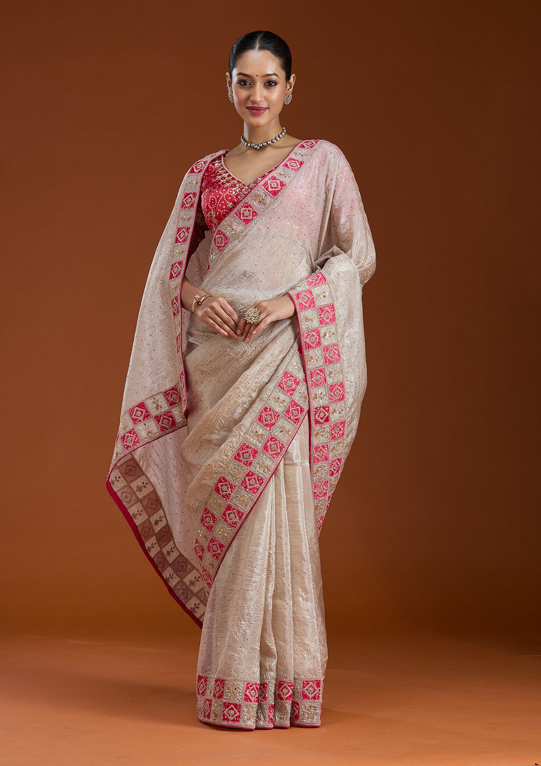 Beige Gotapatti Tissue Saree-Koskii