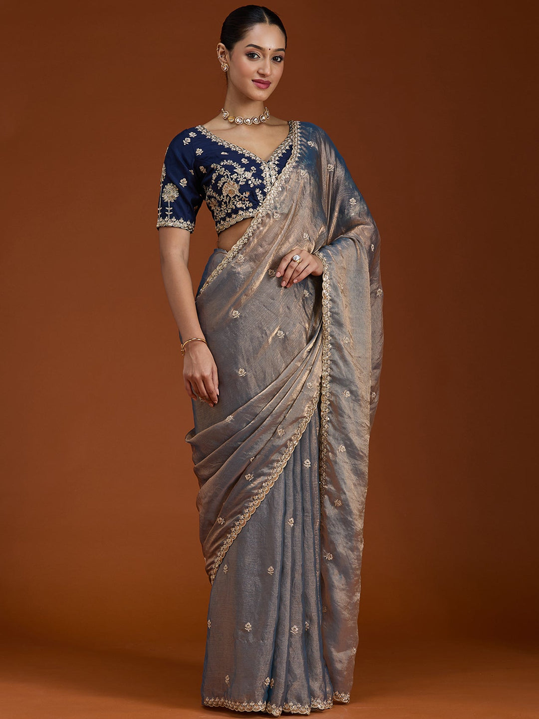 Grey Cording Tissue Saree-Koskii