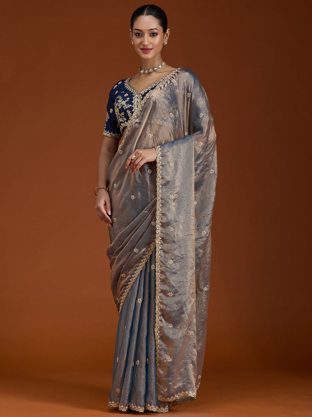Grey Cording Tissue Saree-Koskii
