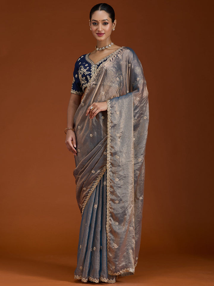 Grey Cording Tissue Saree-Koskii