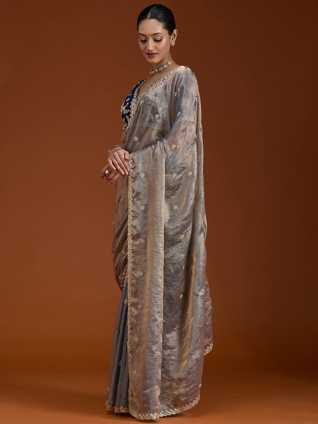 Grey Cording Tissue Saree-Koskii