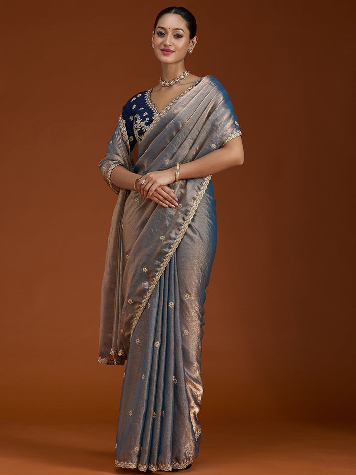 Grey Cording Tissue Saree-Koskii