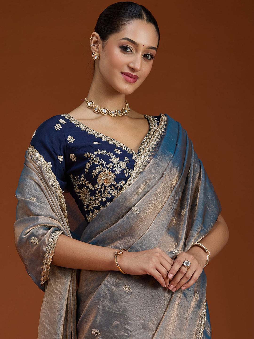 Grey Cording Tissue Saree-Koskii