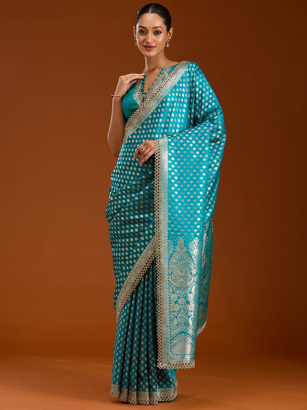 Peacock Blue Stonework Silk Saree-Koskii