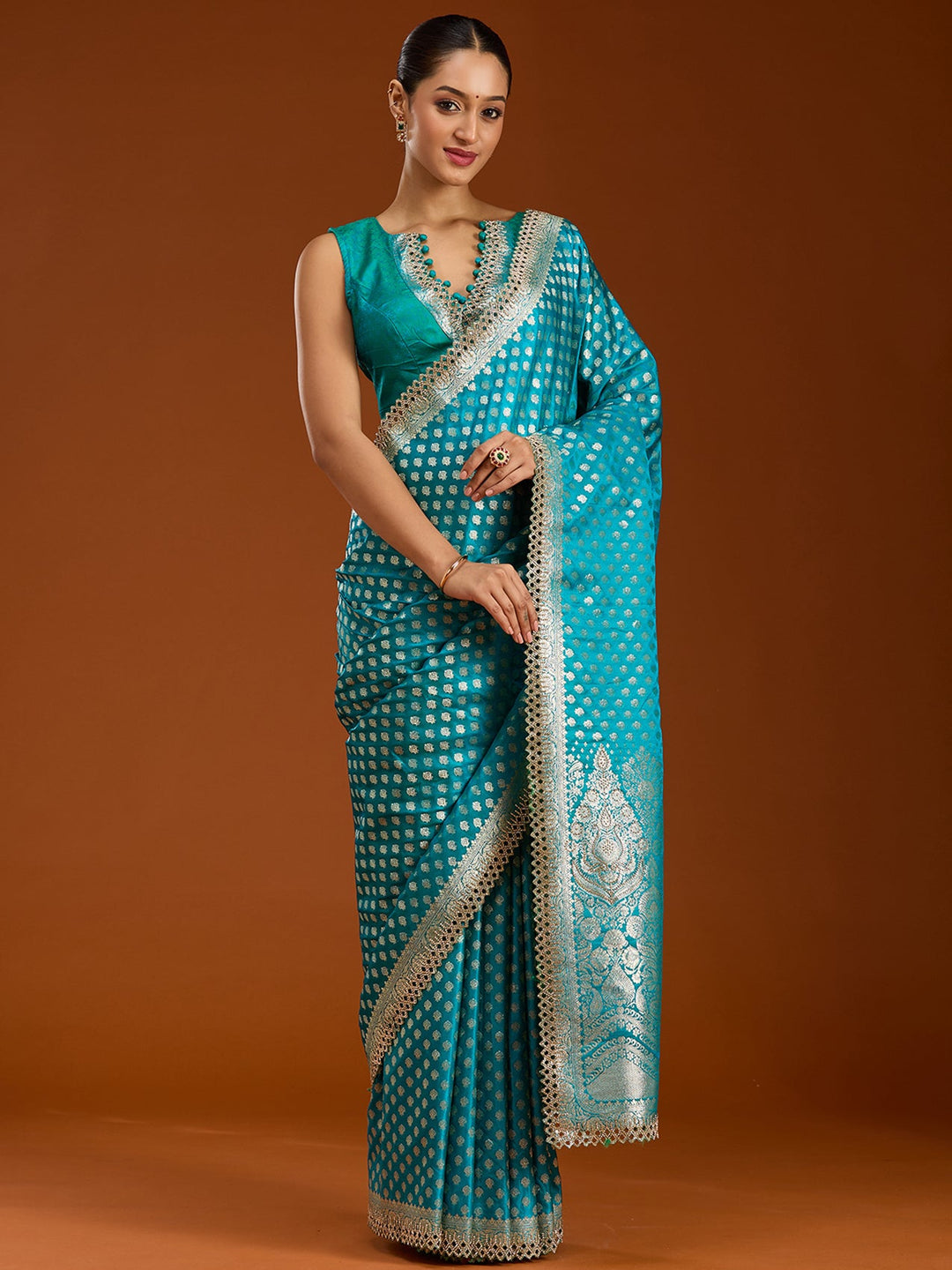 Peacock Blue Stonework Silk Saree-Koskii