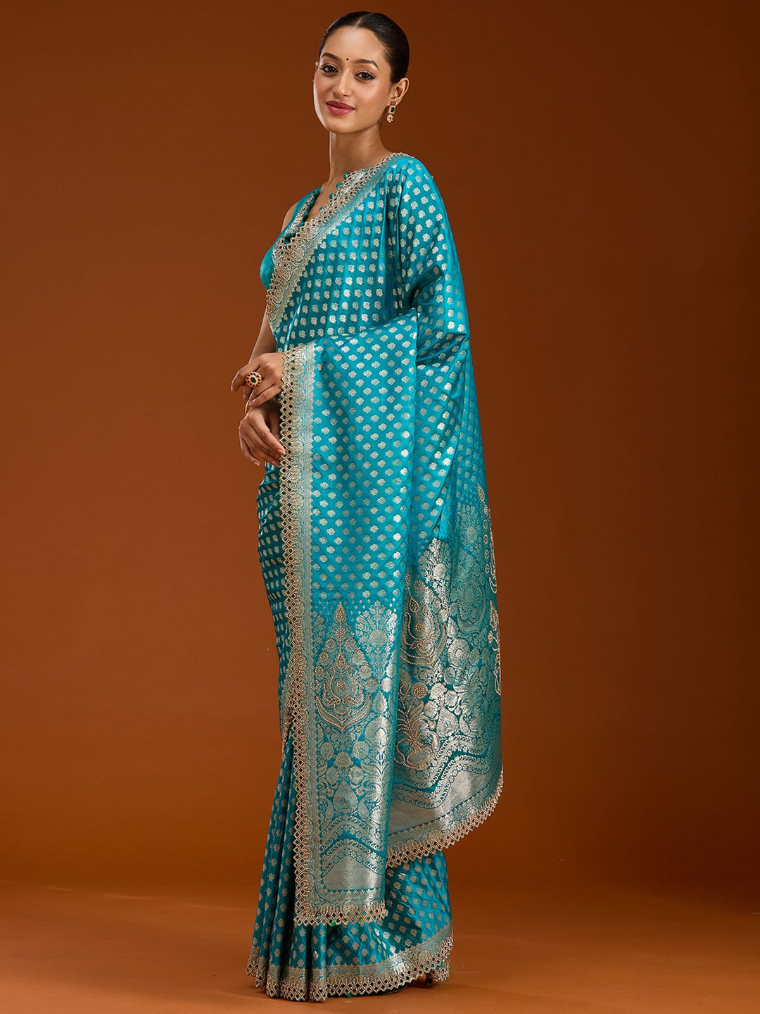 Peacock Blue Stonework Silk Saree-Koskii