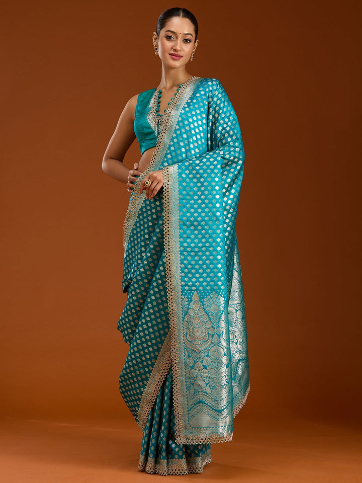 Peacock Blue Stonework Silk Saree-Koskii