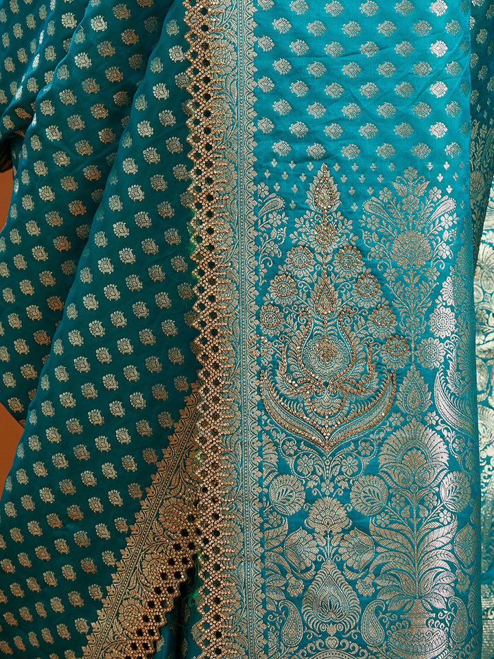 Peacock Blue Stonework Silk Saree-Koskii