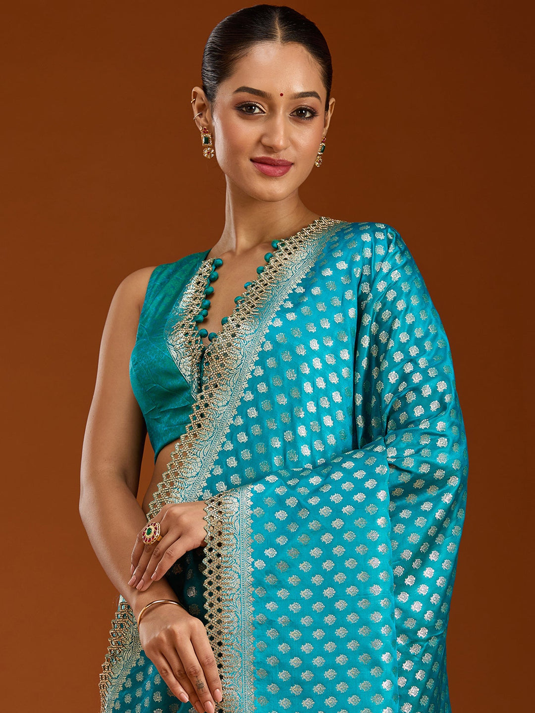 Peacock Blue Stonework Silk Saree-Koskii