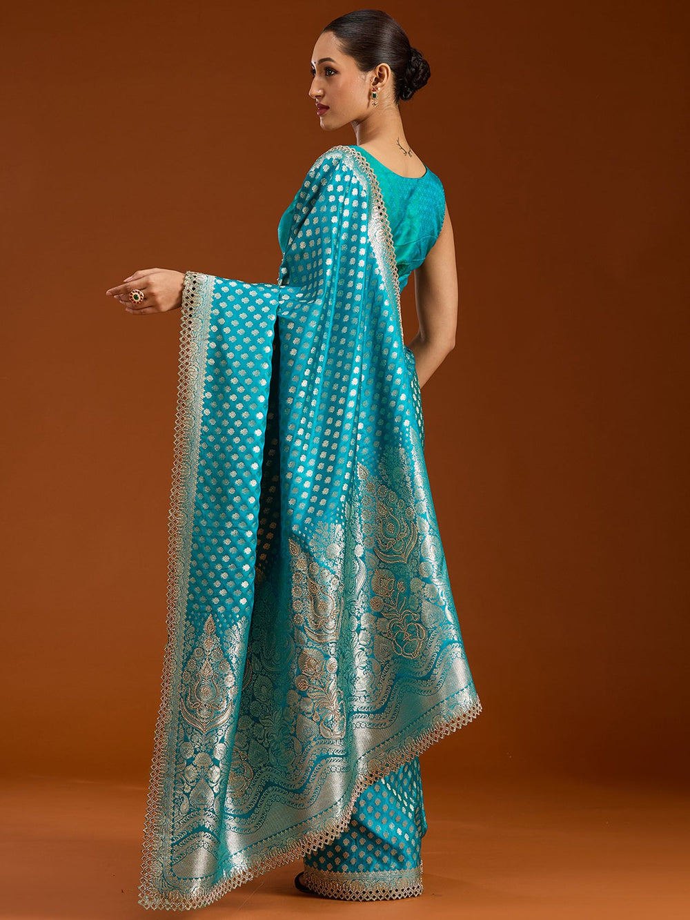 Peacock Blue Stonework Silk Saree-Koskii