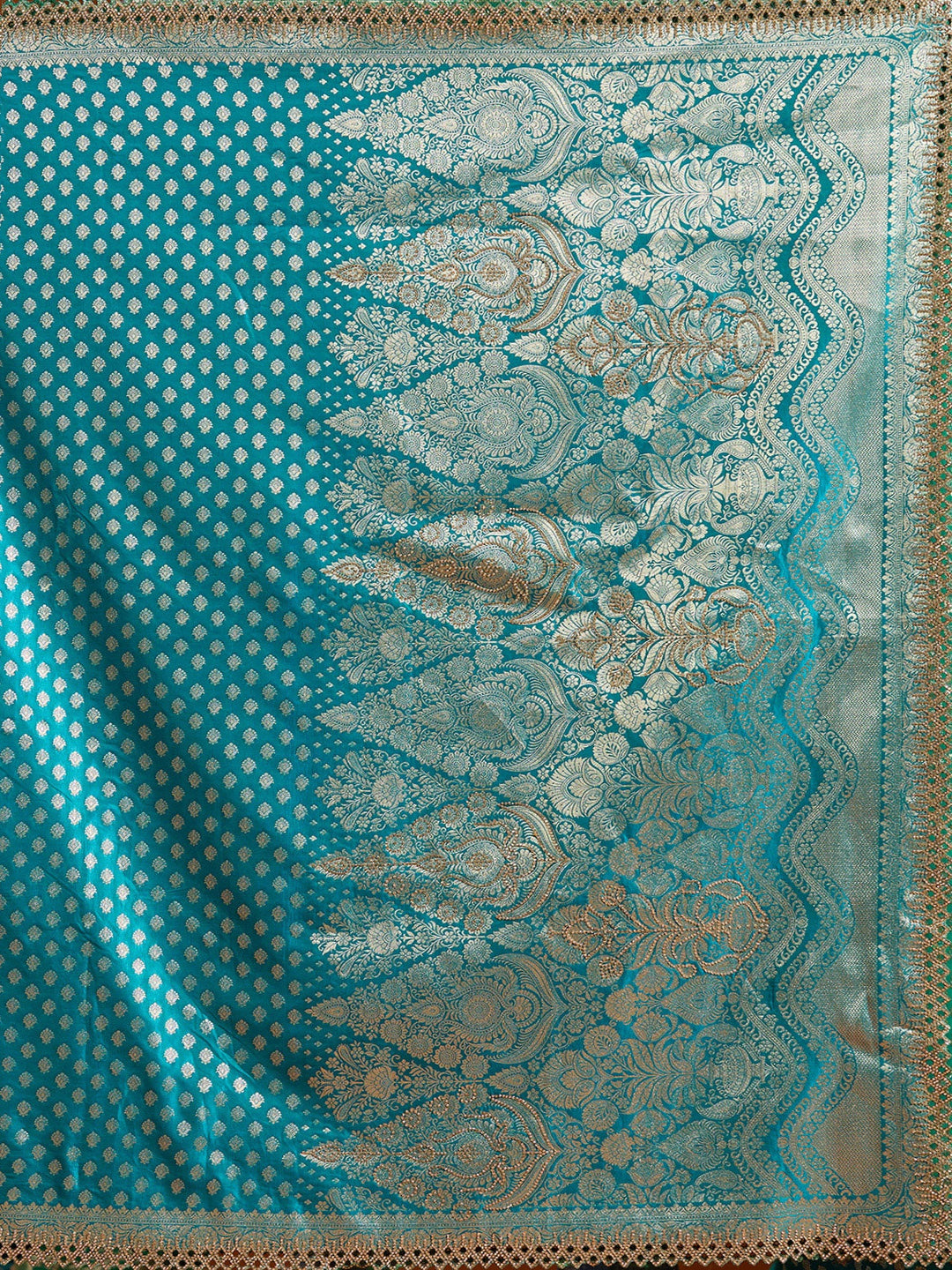 Peacock Blue Stonework Silk Saree-Koskii