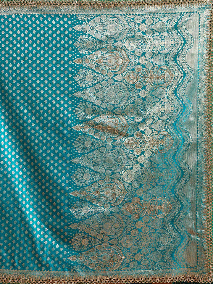 Peacock Blue Stonework Silk Saree-Koskii