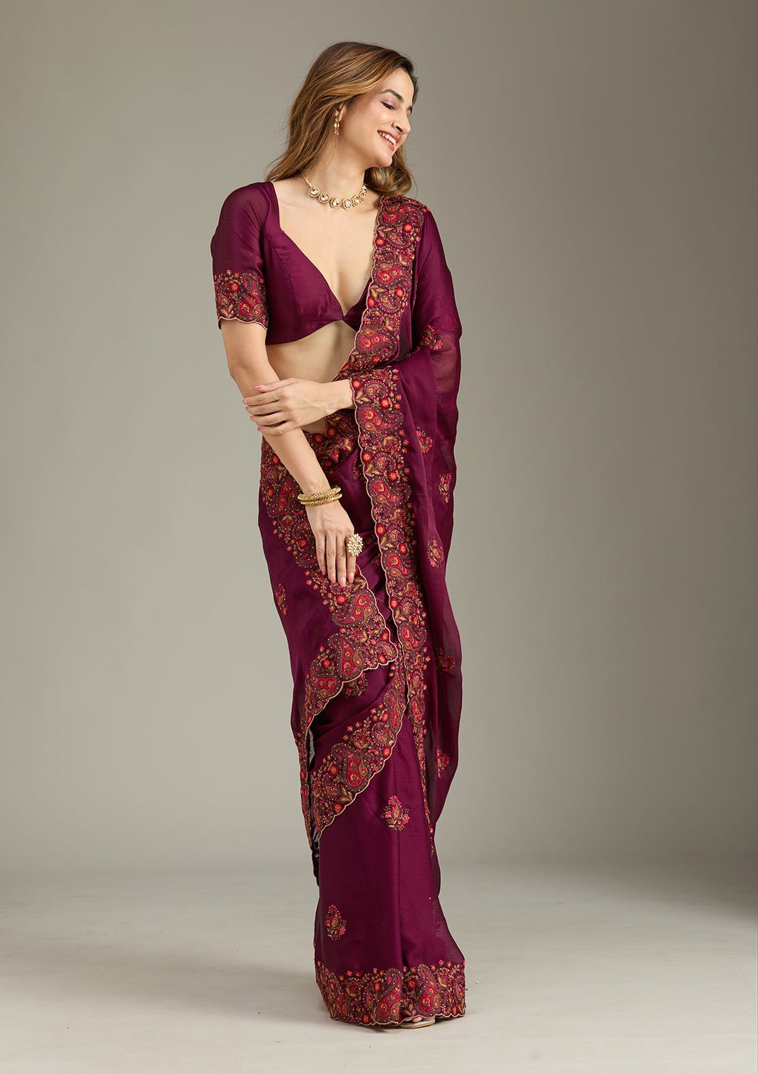 Wine Kashmiri Chiffon Saree-Koskii