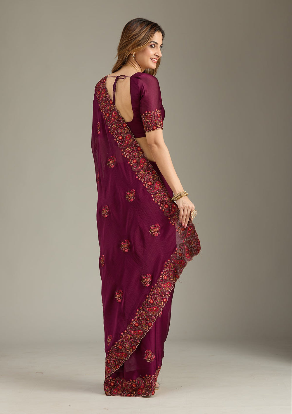 Wine Kashmiri Chiffon Saree-Koskii
