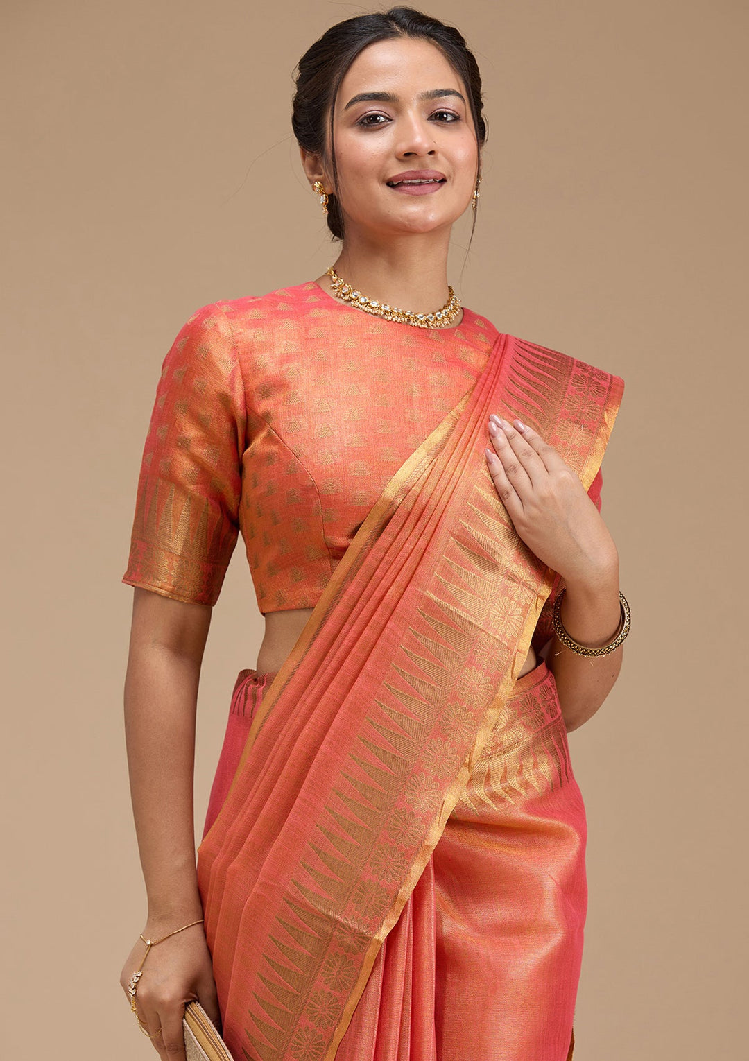 Rust Printed Linen Silk_Saree-koskii