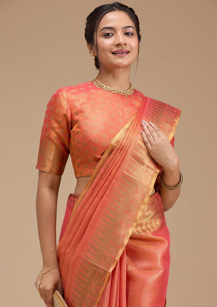 Rust Printed Linen Silk_Saree-koskii