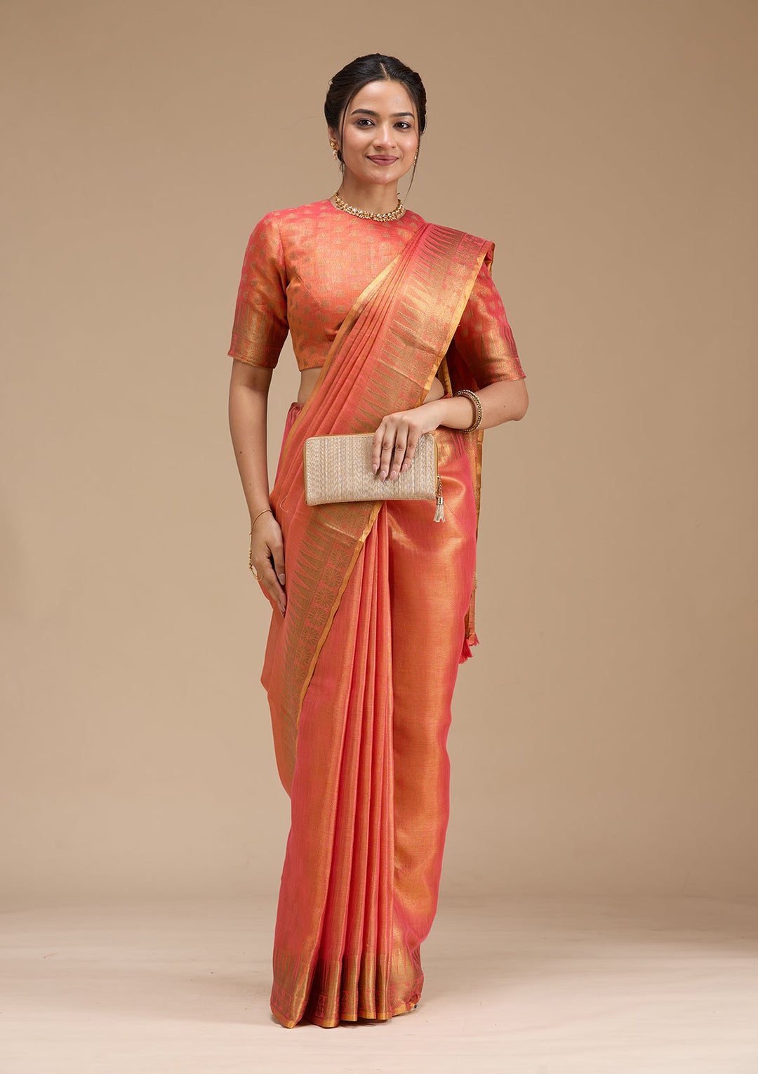 Rust Printed Linen Silk_Saree-koskii