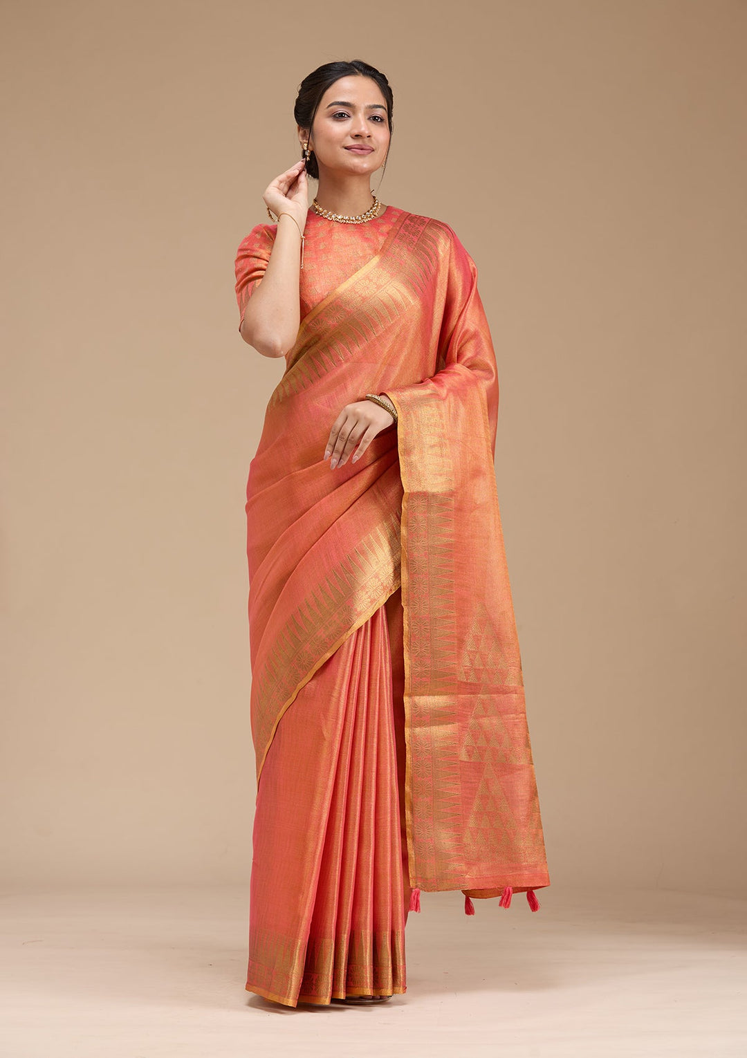 Rust Printed Linen Silk_Saree-koskii