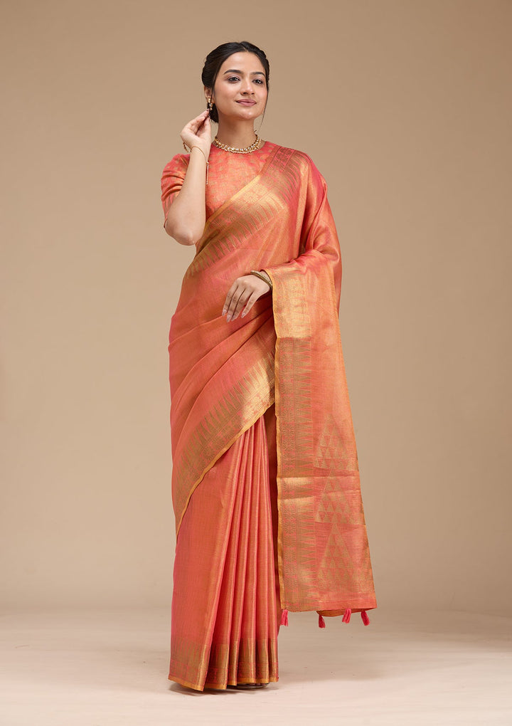 Rust Printed Linen Silk_Saree-koskii