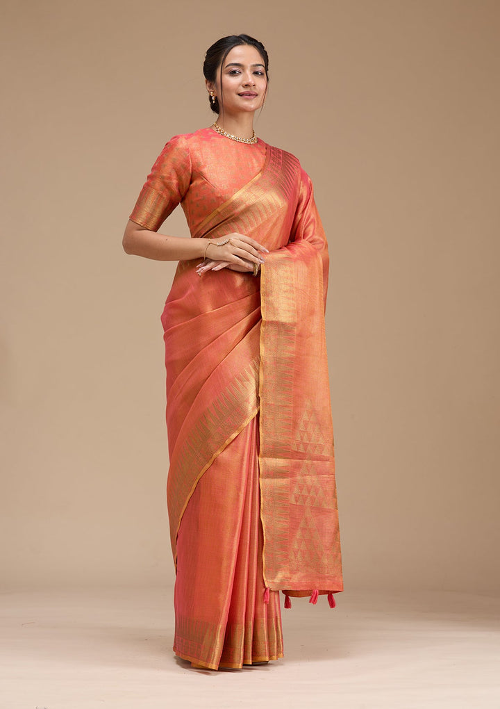 Rust Printed Linen Silk_Saree-koskii