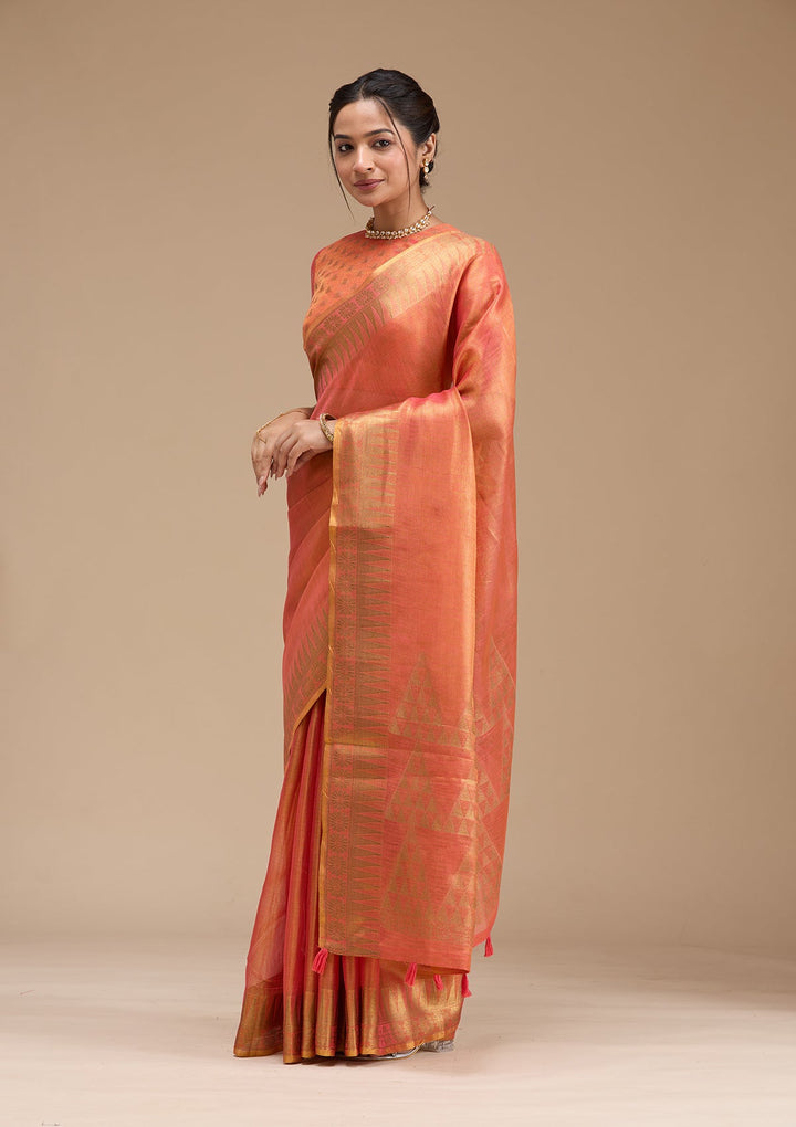 Rust Printed Linen Silk_Saree-koskii
