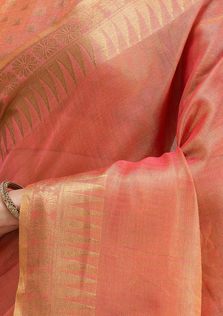 Rust Printed Linen Silk_Saree-koskii
