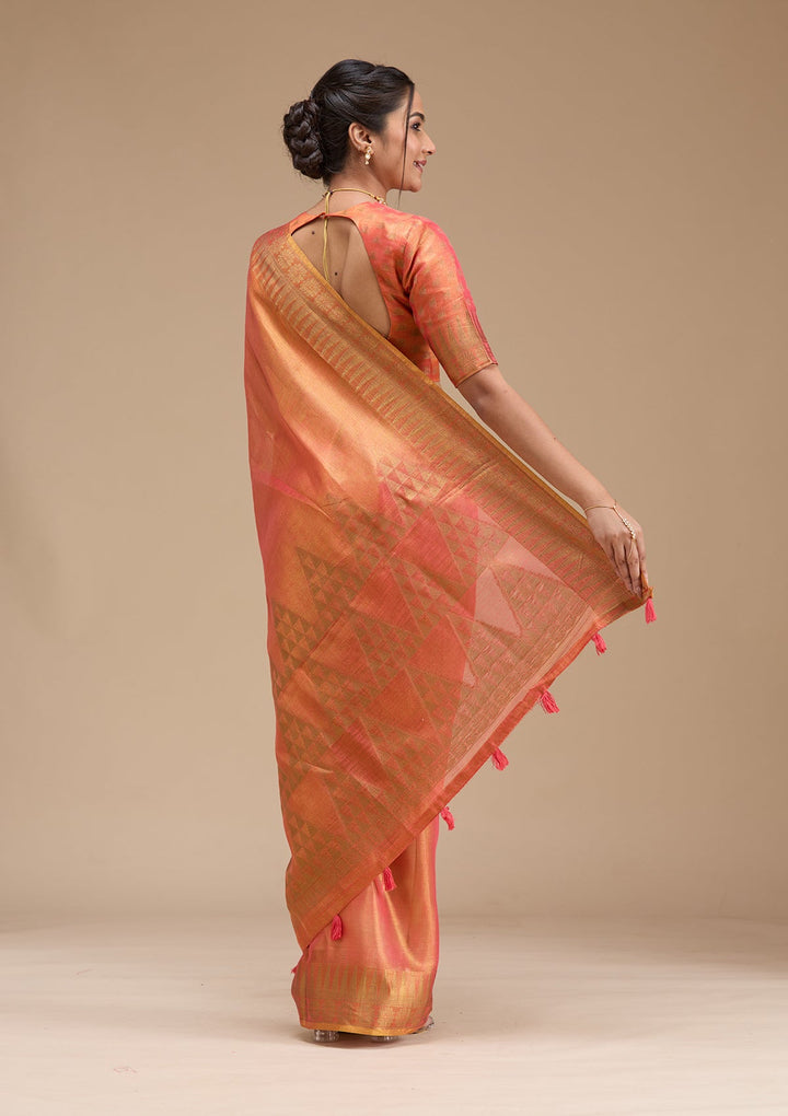 Rust Printed Linen Silk_Saree-koskii