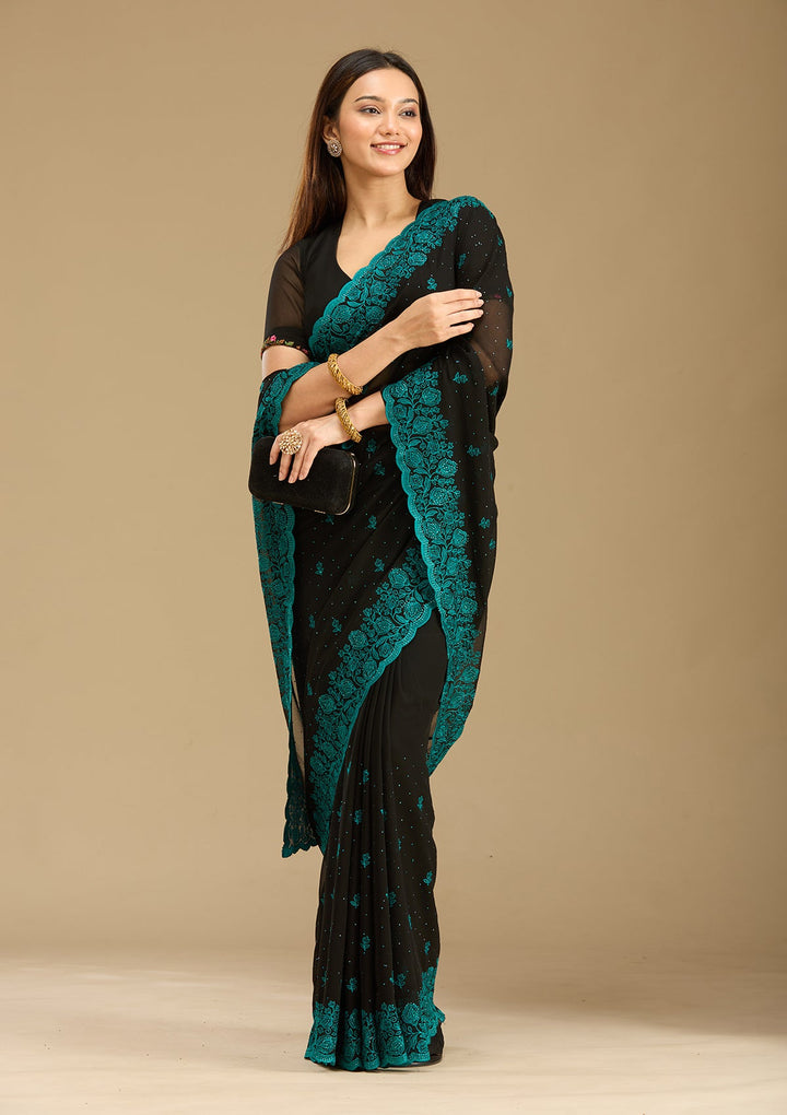 Black Threadwork Georgette Saree-Koskii