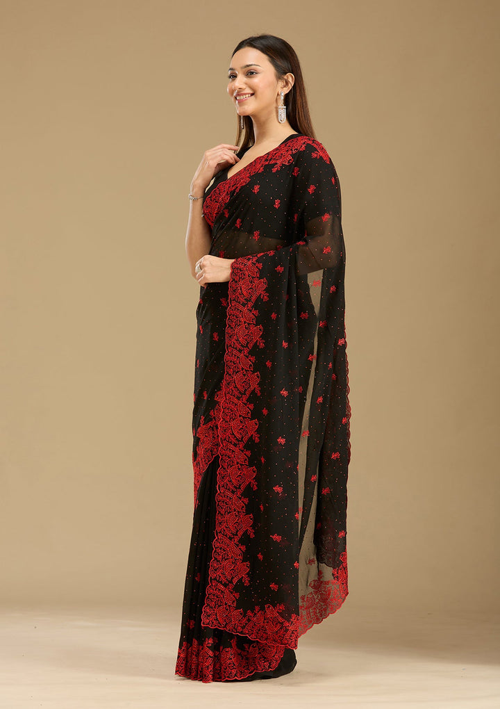 Black Threadwork Georgette Saree-Koskii