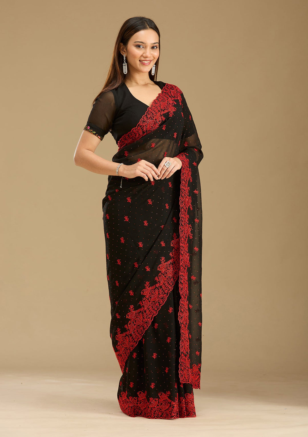 Black Threadwork Georgette Saree-Koskii