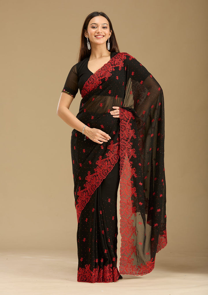 Black Threadwork Georgette Saree-Koskii