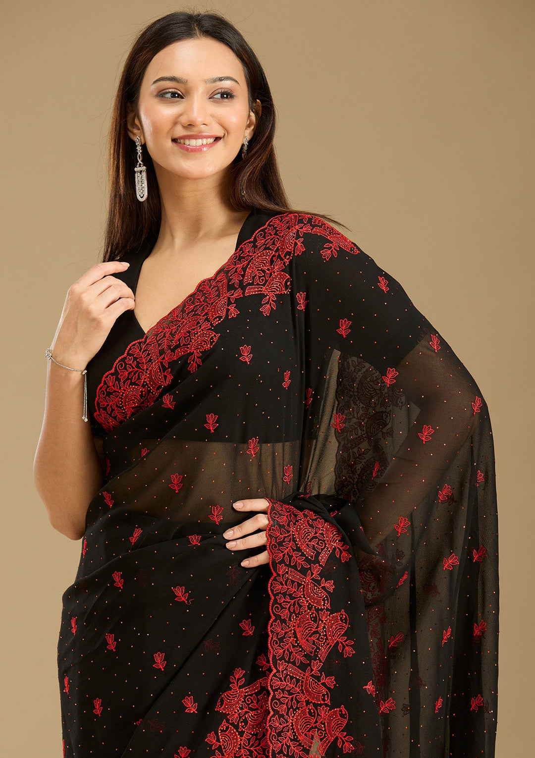 Black Threadwork Georgette Saree-Koskii