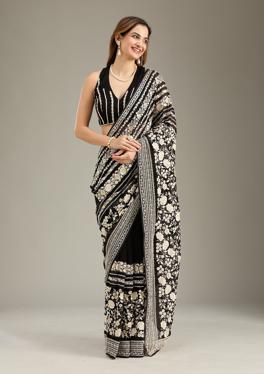 Black Threadwork Georgette Saree-Koskii