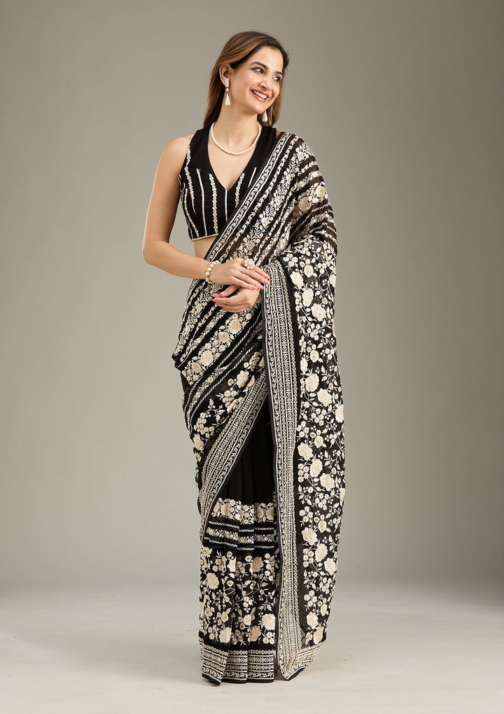 Black Threadwork Georgette Saree-Koskii
