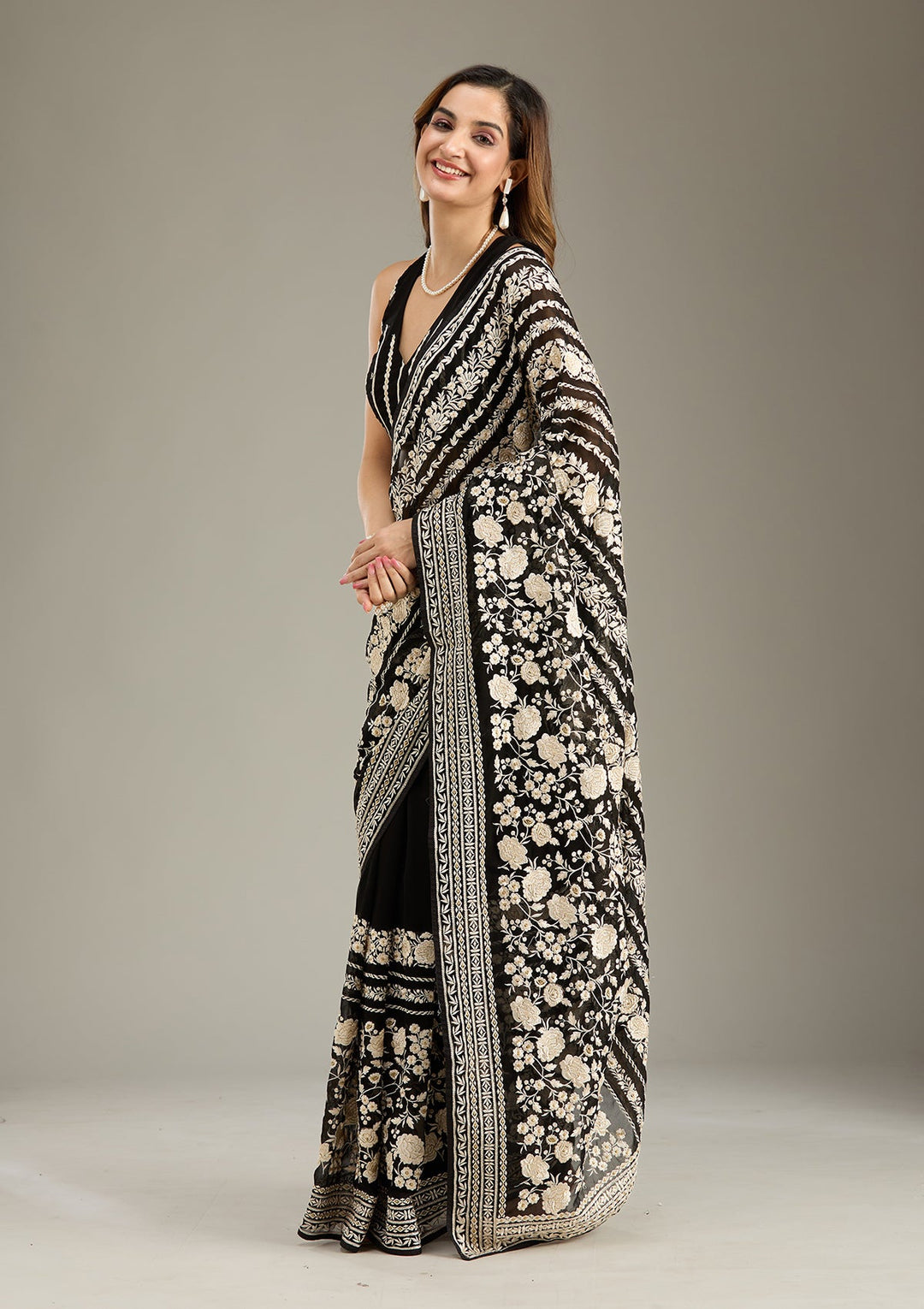 Black Threadwork Georgette Saree-Koskii