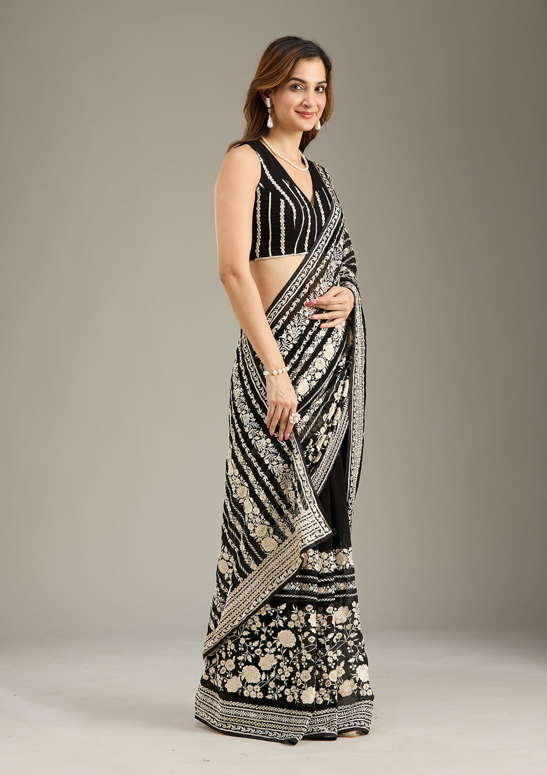 Black Threadwork Georgette Saree-Koskii