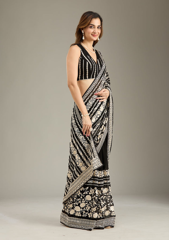 Black Threadwork Georgette Saree-Koskii