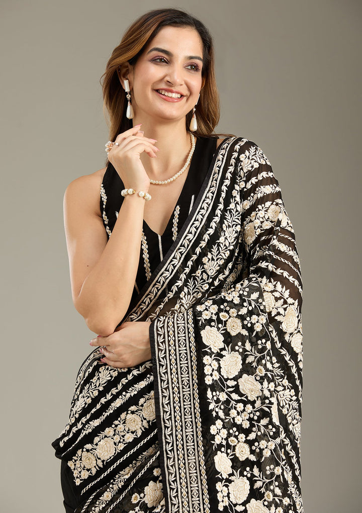 Black Threadwork Georgette Saree-Koskii