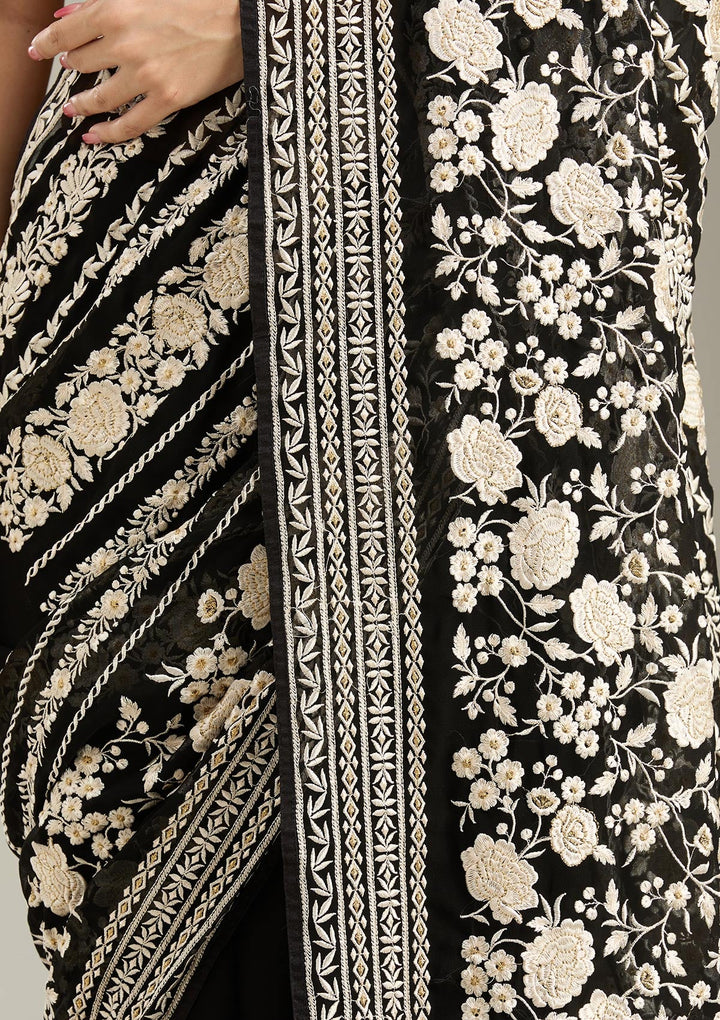 Black Threadwork Georgette Saree-Koskii
